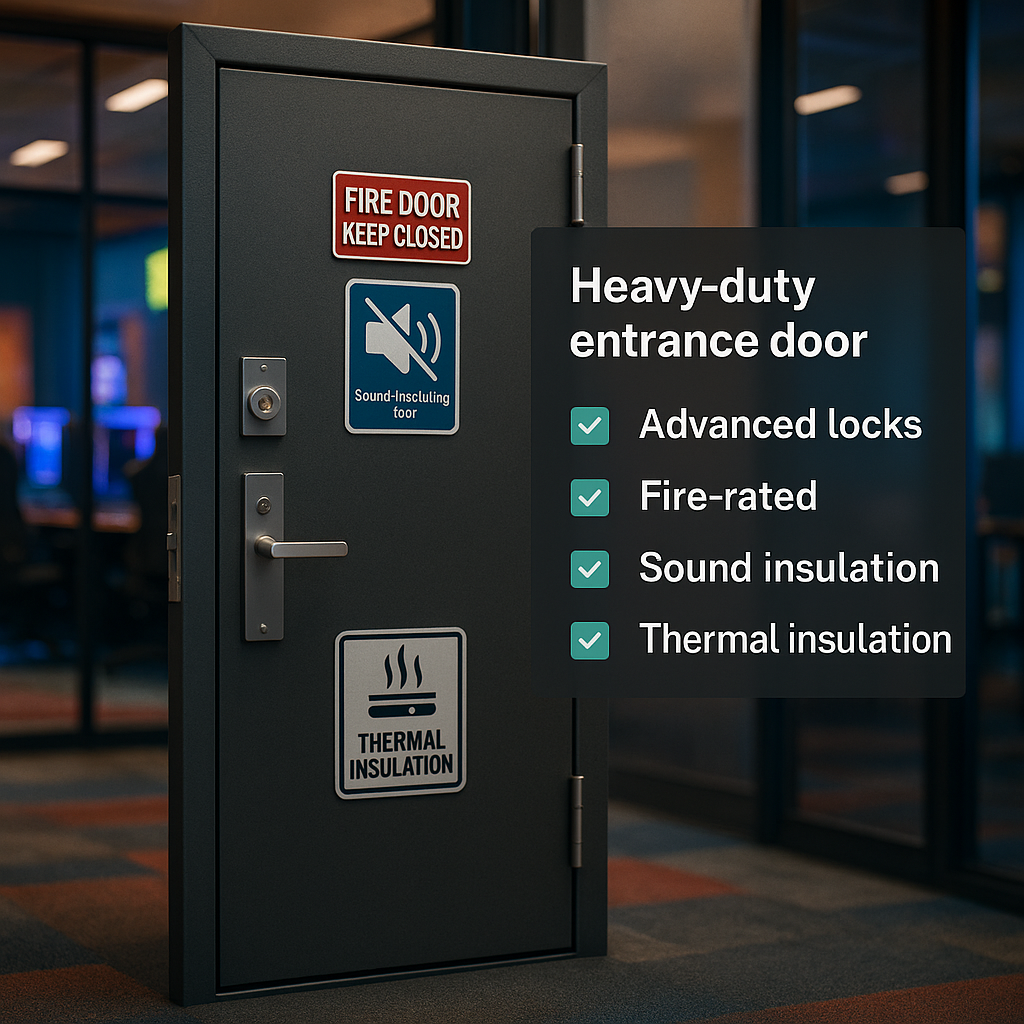 A modern, sturdy entrance door designed for offices and gaming halls, displaying features like