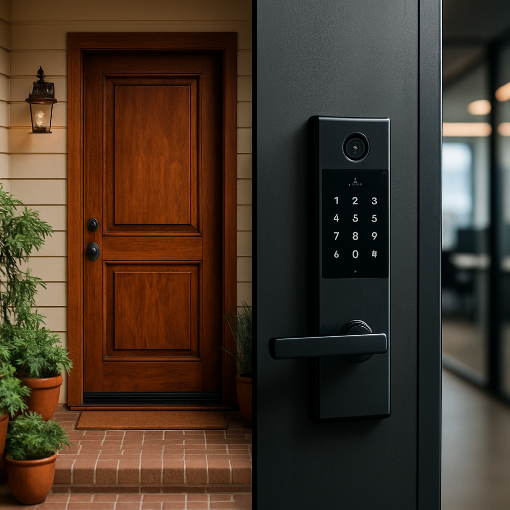 A split image comparing a warm wooden entrance door for a home and a