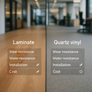 Side-by-side comparison of laminate flooring and quartz vinyl in a contemporary commercial setting, highlighting
