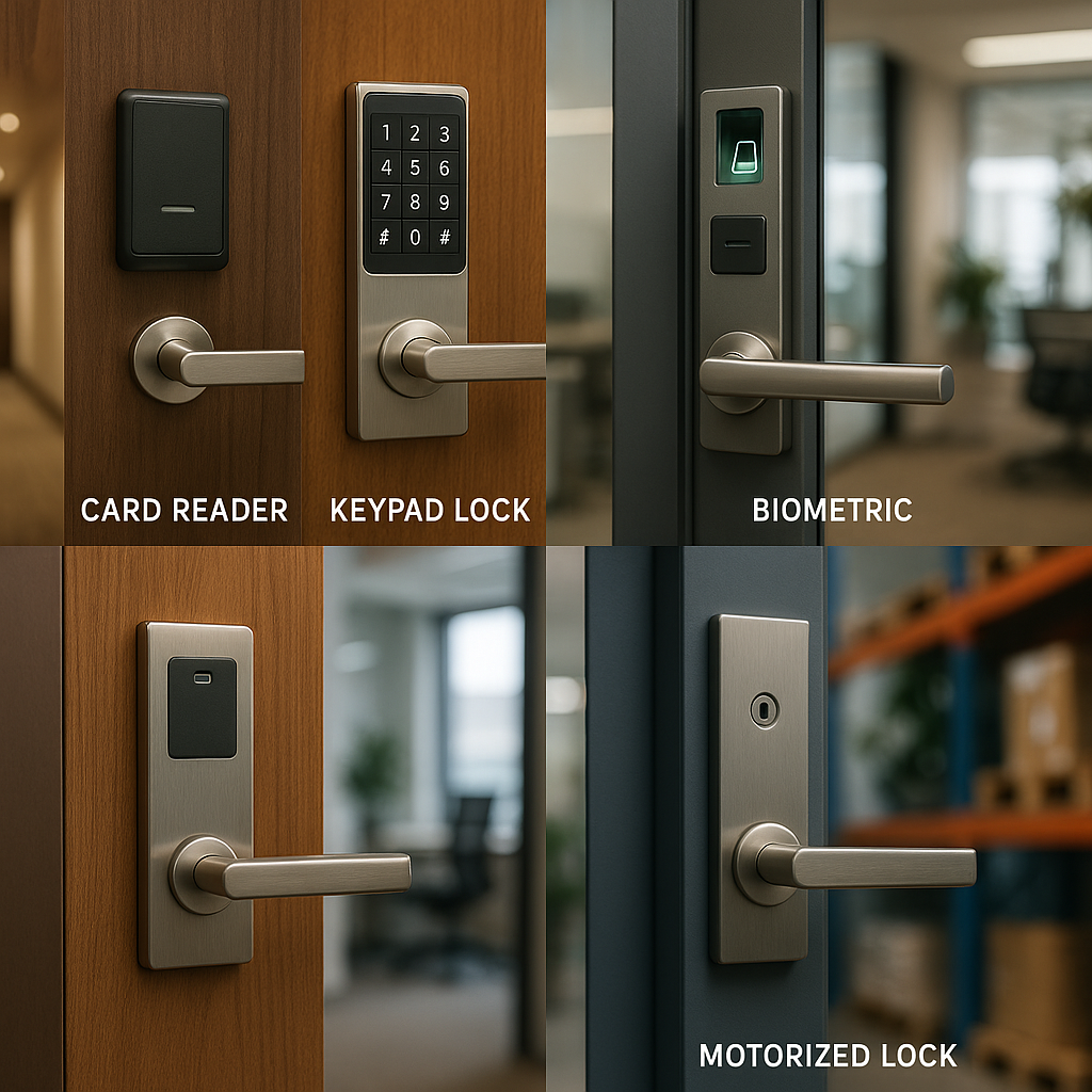 A clear and organized display of various electronic locks suitable for business environments, showing