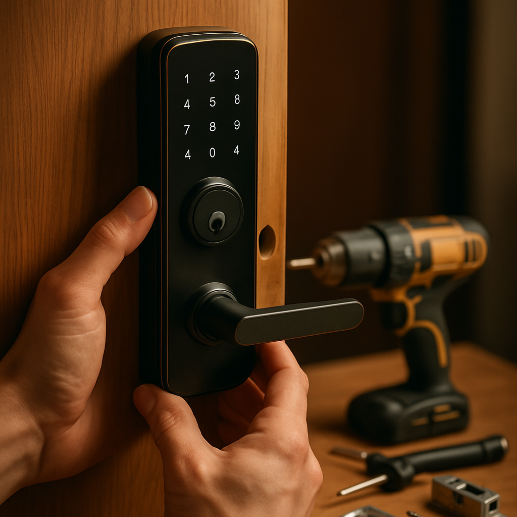 Close-up of a person installing a modern electronic lock on a wooden door, with